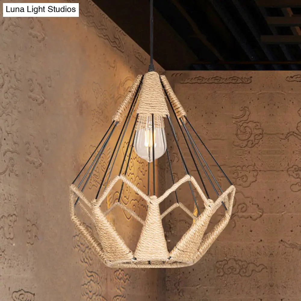 Industrial Beige Rope Pyramid Cage Pendant Light For Coffee Shop