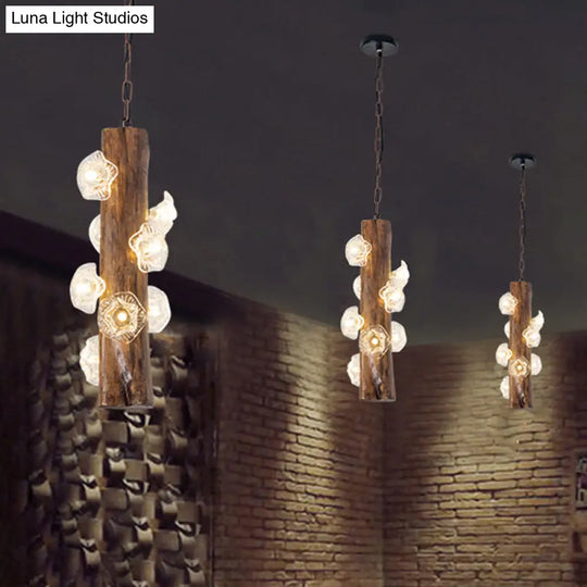 Industrial Beige Wood Chandelier - 8 Heads; Flared Restaurant Suspension Lamp