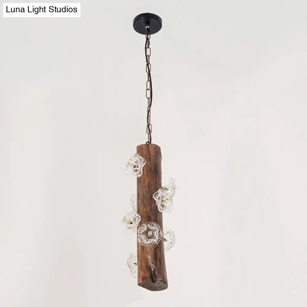 Industrial Beige Wood Chandelier - 8 Heads; Flared Restaurant Suspension Lamp