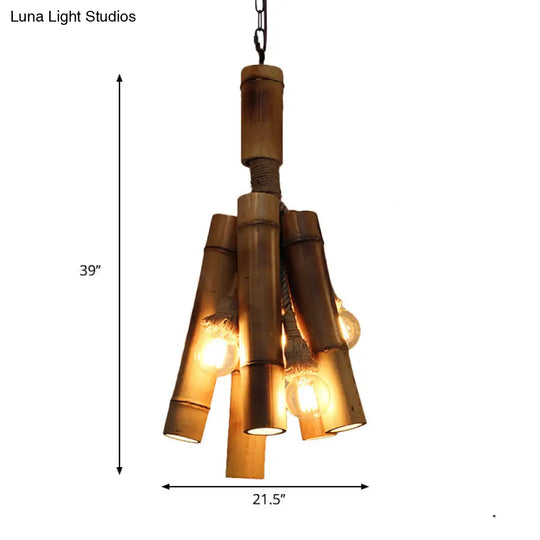 Industrial Beige Wood Tube Hanging Lamp: Charming Three-Light Chandelier For Restaurants & Bedrooms