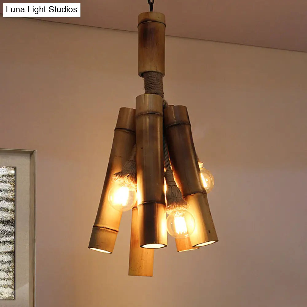 Industrial Beige Wood Tube Hanging Lamp With Three Lights For Restaurant And Bedroom