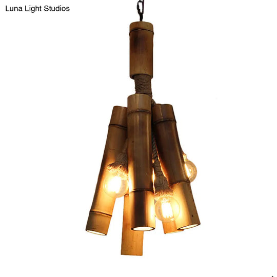 Industrial Beige Wood Tube Hanging Lamp: Charming Three-Light Chandelier For Restaurants & Bedrooms