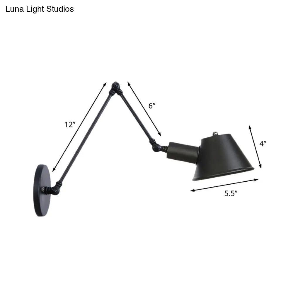 Industrial Bell Shade Wall Light Sconce With Swing Arm - Black Finish 6+12/12+6 Length