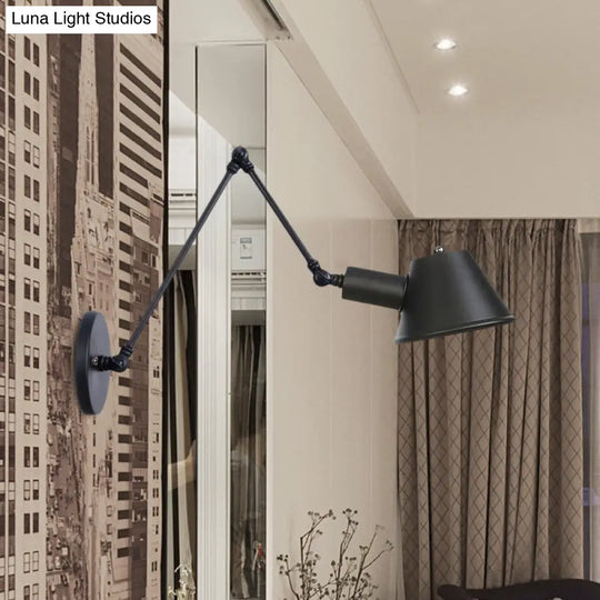 Industrial Bell Shade Wall Light Sconce With Swing Arm - Black Finish 6+12/12+6 Length