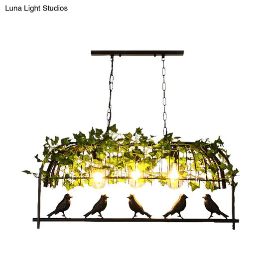 Industrial Birdcage Island Ceiling Light With Plant Decoration 3 Black Metal Hanging Lights