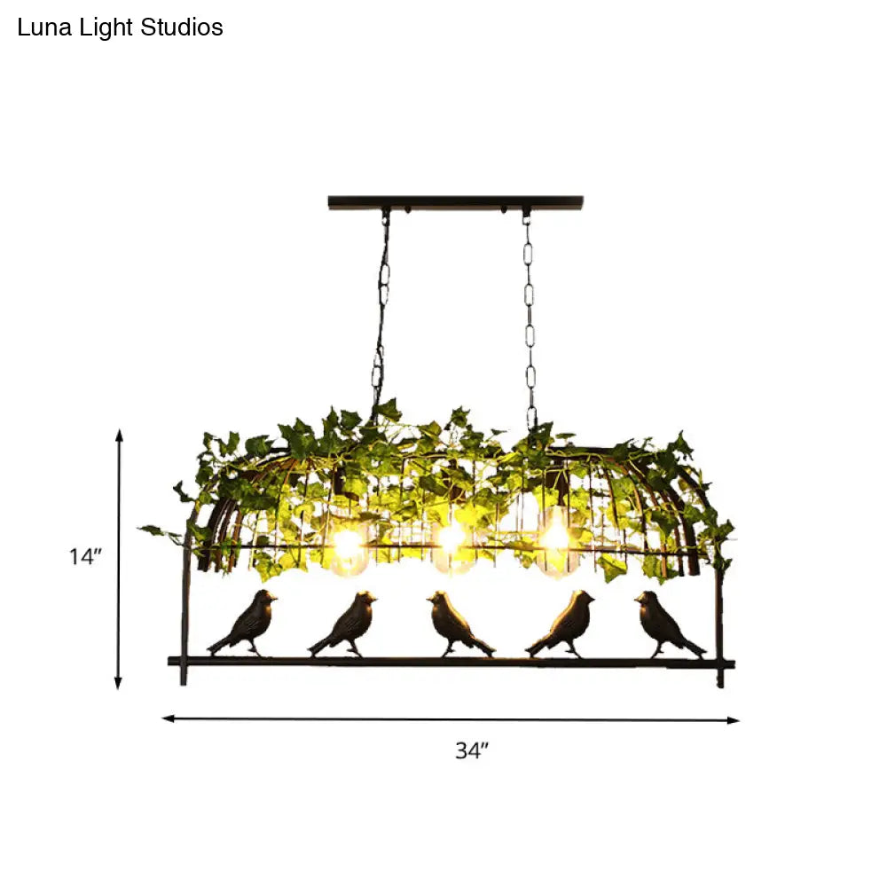 Industrial Birdcage Island Ceiling Light With Plant Decoration 3 Black Metal Hanging Lights