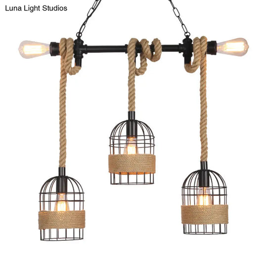 Industrial Birdcage Pendant Lighting With Natural Rope - Black Finish