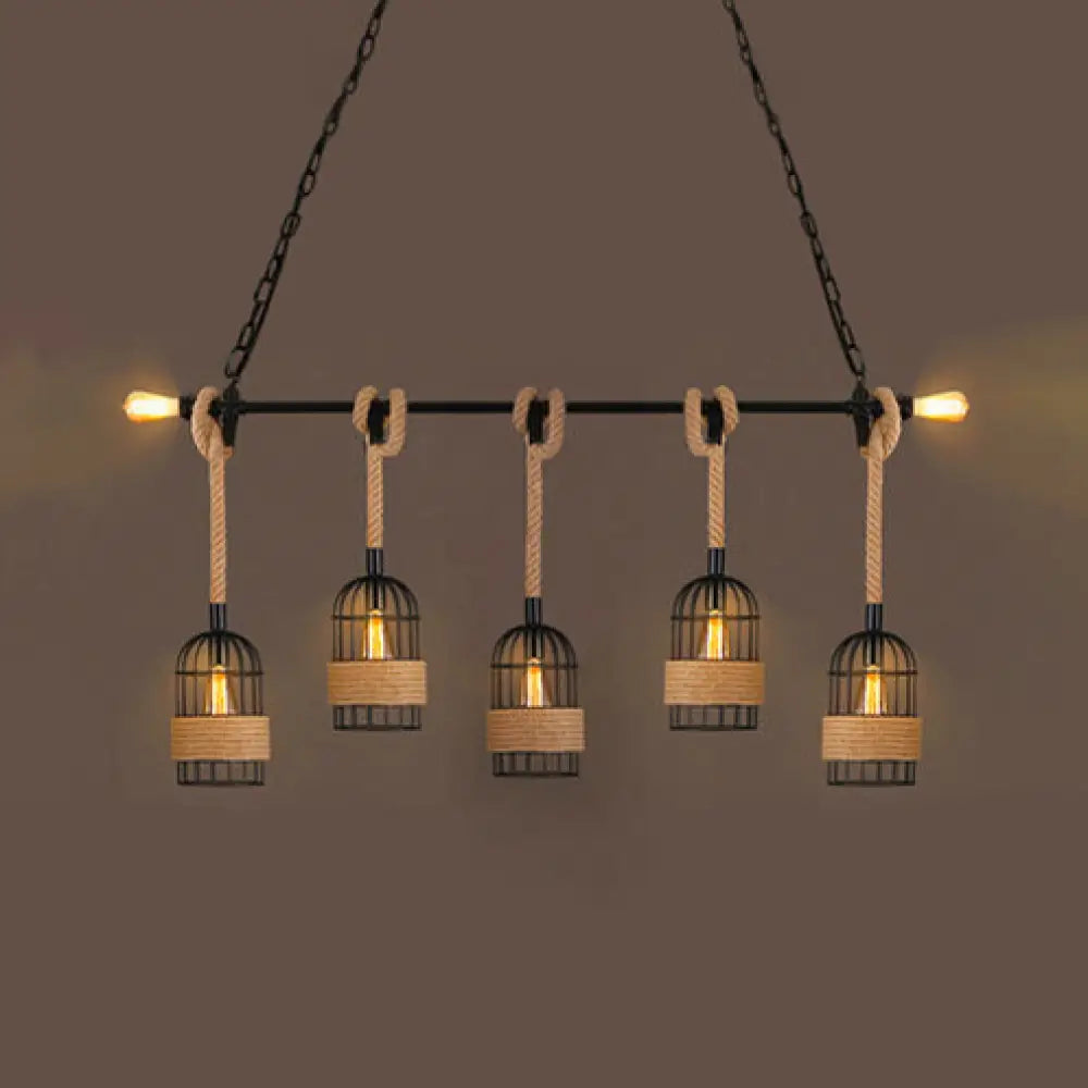 Industrial Birdcage Pendant Lighting With Natural Rope - 3/5 Bulbs Black Ideal For Restaurants And