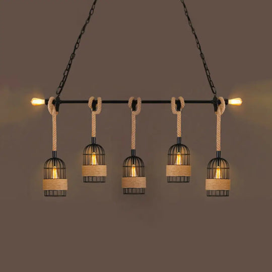 Industrial Birdcage Pendant Lighting With Natural Rope - 3/5 Bulbs Black Ideal For Restaurants And