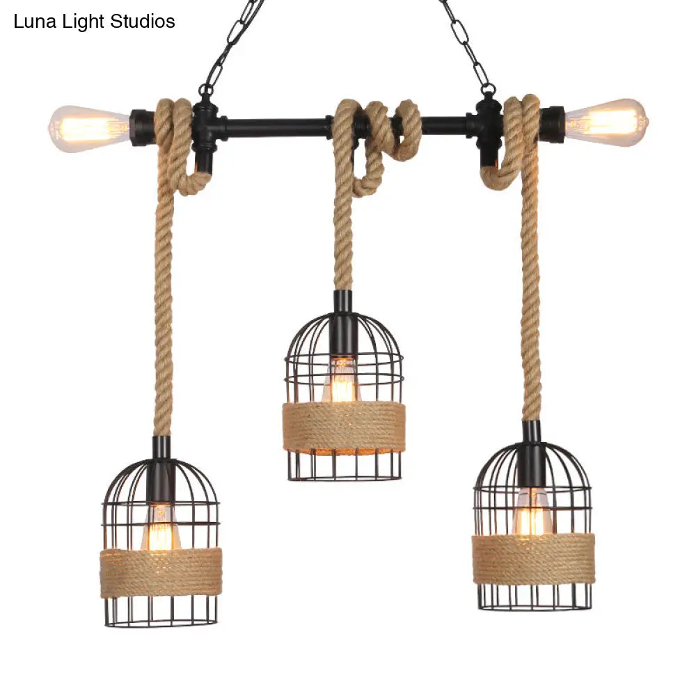 Industrial Birdcage Pendant Lighting With Natural Rope - 3/5 Bulbs Black Ideal For Restaurants And