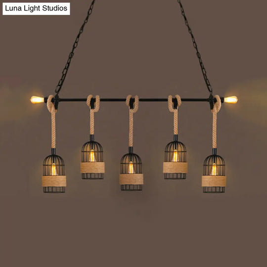 Industrial Birdcage Pendant Lighting With Natural Rope - Black Finish 5 /