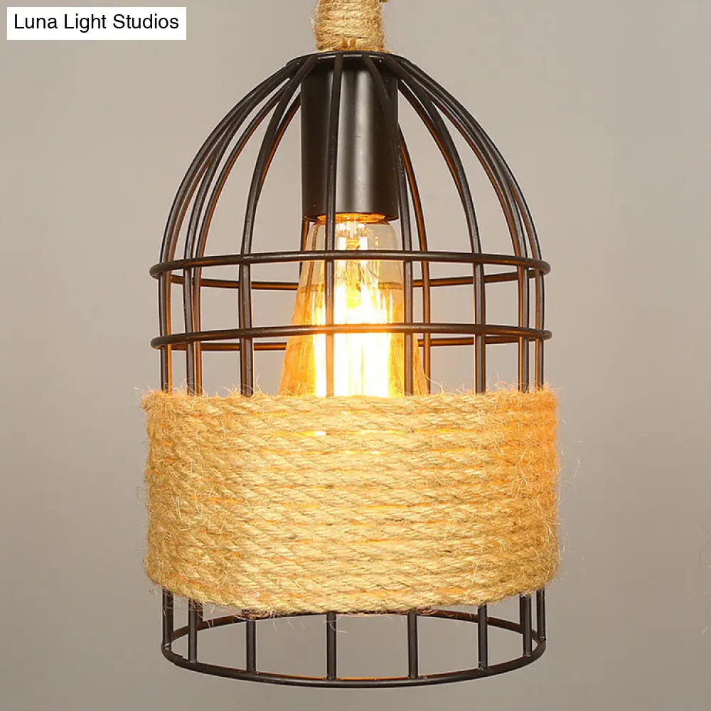 Industrial Birdcage Pendant Lighting With Natural Rope - Black Finish