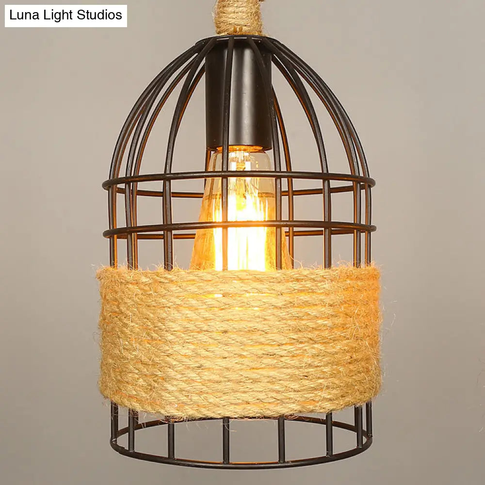 Industrial Birdcage Pendant Lighting With Natural Rope - 3/5 Bulbs Black Ideal For Restaurants And