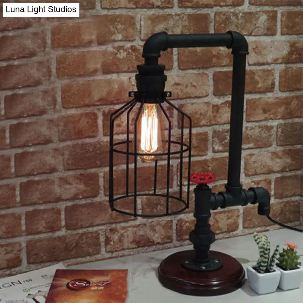 Industrial Birdcage Standing Table Light With Pipe And Valve - Black Metal Lamp 1