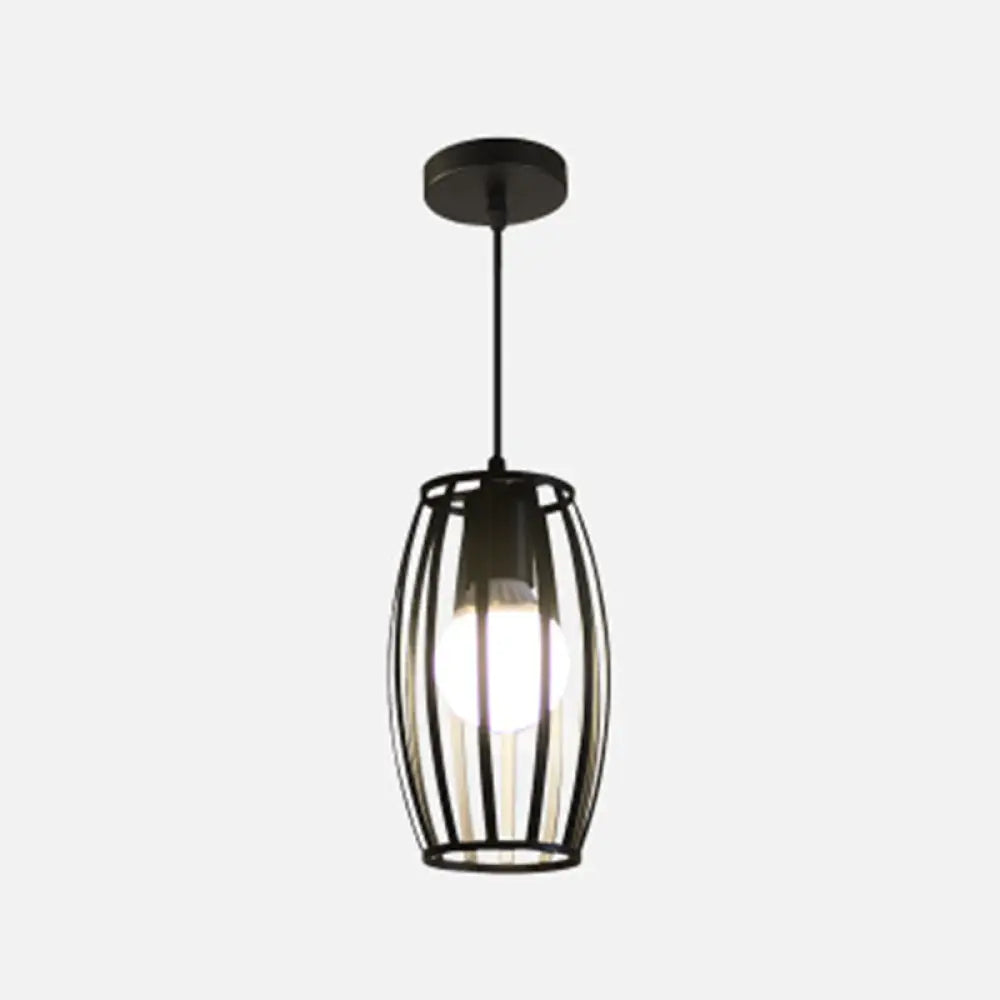 Industrial Bistro Cage Pendant Lamp - Black Barrel Shape Hanging Lighting Suspension Design 1 /