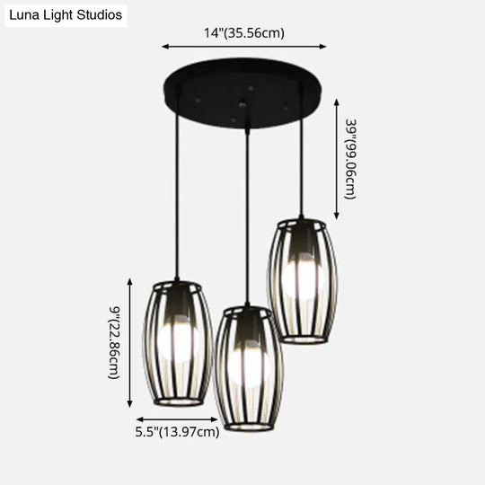 Industrial Bistro Cage Pendant Lamp - Black Barrel Shape Hanging Lighting Suspension Design