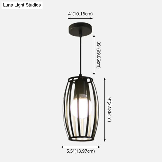 Industrial Bistro Cage Pendant Lamp - Black Barrel Shape Hanging Lighting Suspension Design