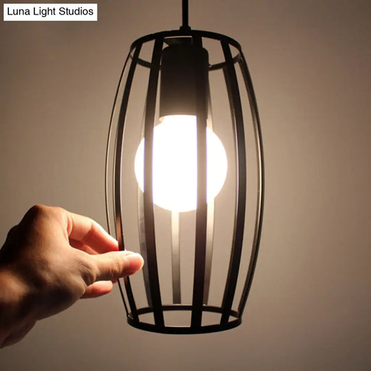 Industrial Bistro Cage Pendant Lamp - Black Barrel Shape Hanging Lighting Suspension Design