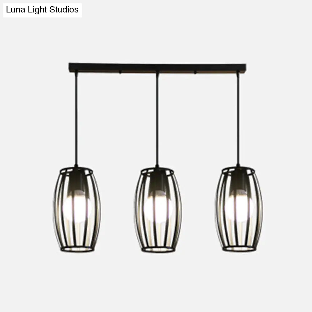 Black Barrel Shape Industrial Pendant Lamp | Bistro Cage Suspension Lighting 3 / Linear