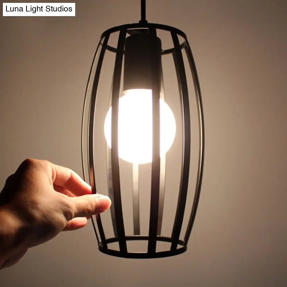 Black Barrel Shape Industrial Pendant Lamp | Bistro Cage Suspension Lighting
