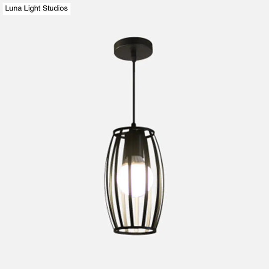 Black Barrel Shape Industrial Pendant Lamp | Bistro Cage Suspension Lighting 1 / Round