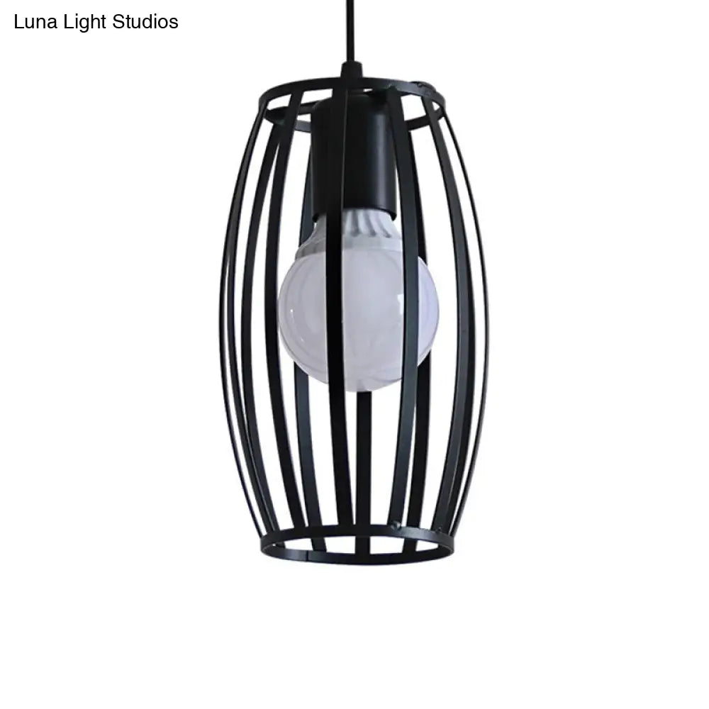 Black Barrel Shape Industrial Pendant Lamp | Bistro Cage Suspension Lighting