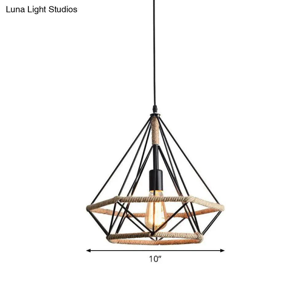 Industrial Bistro Hanging Lamp: Single-Bulb Drop Pendant With Diamond Roped Cage In Black - 10/15/18