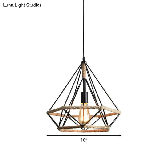 Industrial Bistro Hanging Lamp: Single-Bulb Drop Pendant With Diamond Roped Cage In Black - 10/15/18