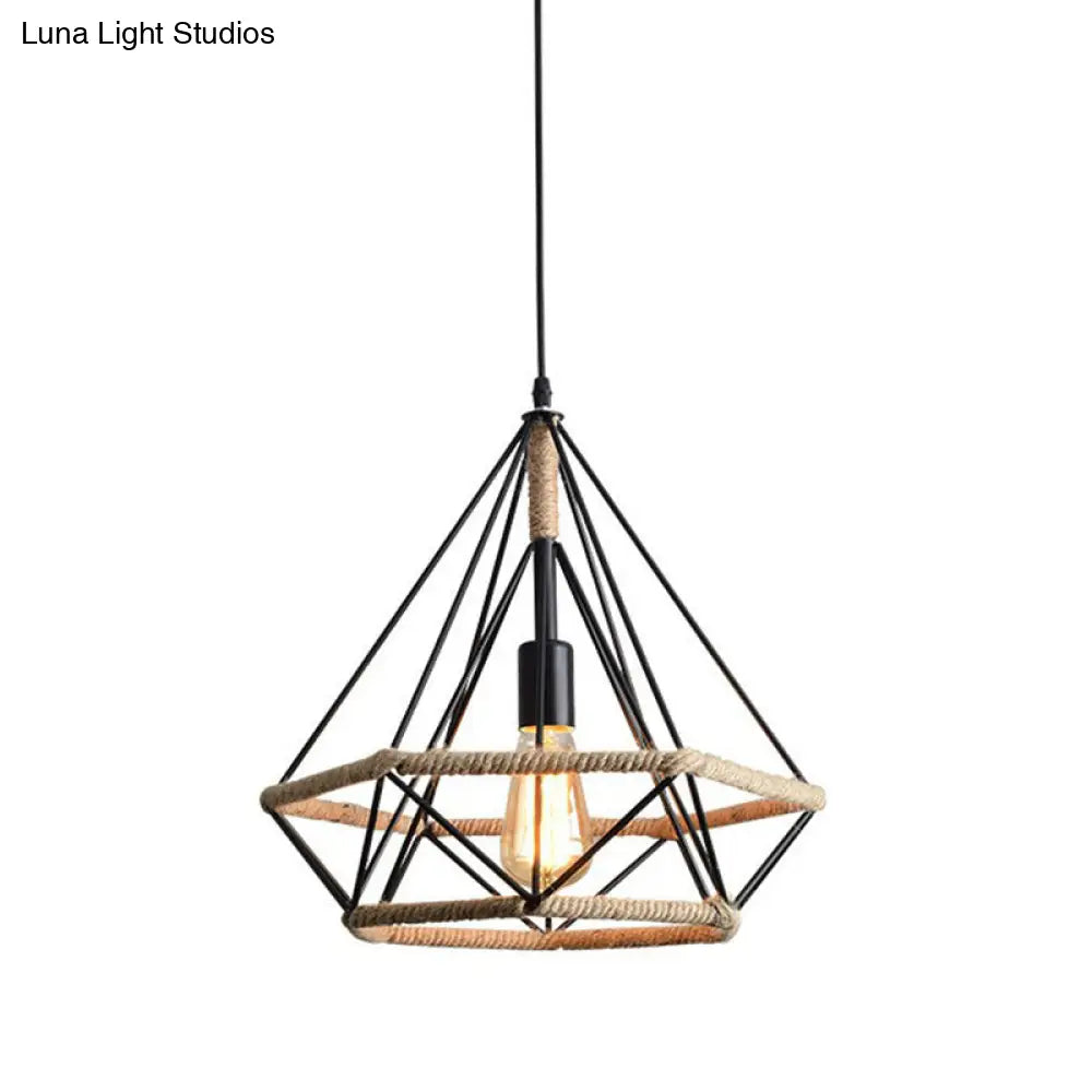 Industrial Bistro Hanging Lamp - Single Bulb Drop Pendant With Diamond Roped Cage In Black