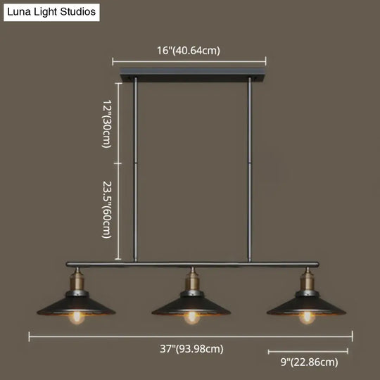 Industrial Black 3-Light Metal Island Pendant With Cone Shade - Perfect For Restaurant Lighting