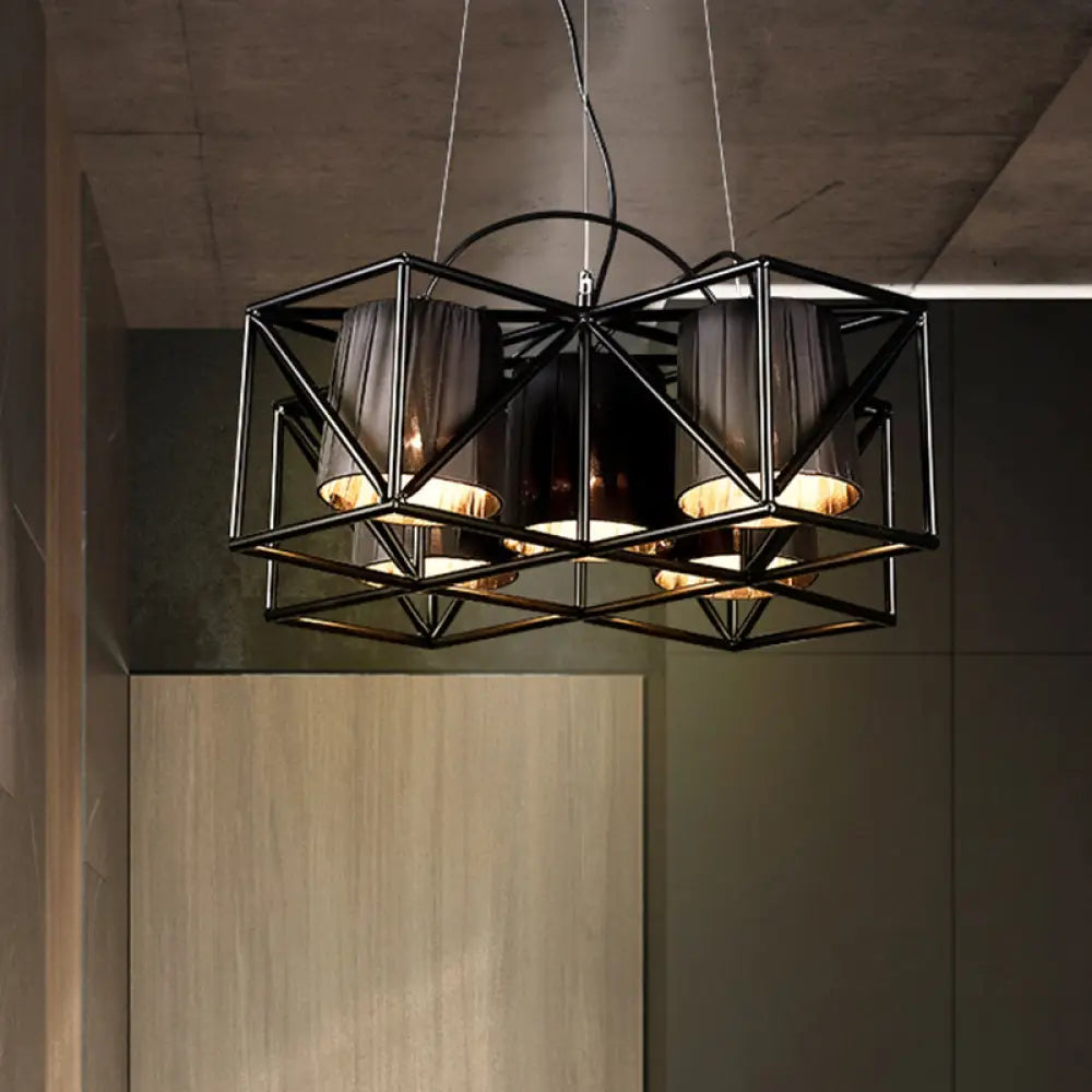 Industrial Black 5-Bulb Fabric Suspension Kitchen Chandelier Light