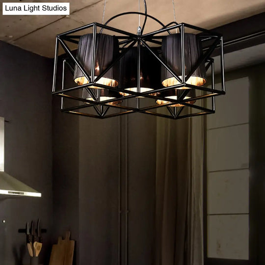 Industrial Black 5-Bulb Fabric Suspension Kitchen Chandelier Light