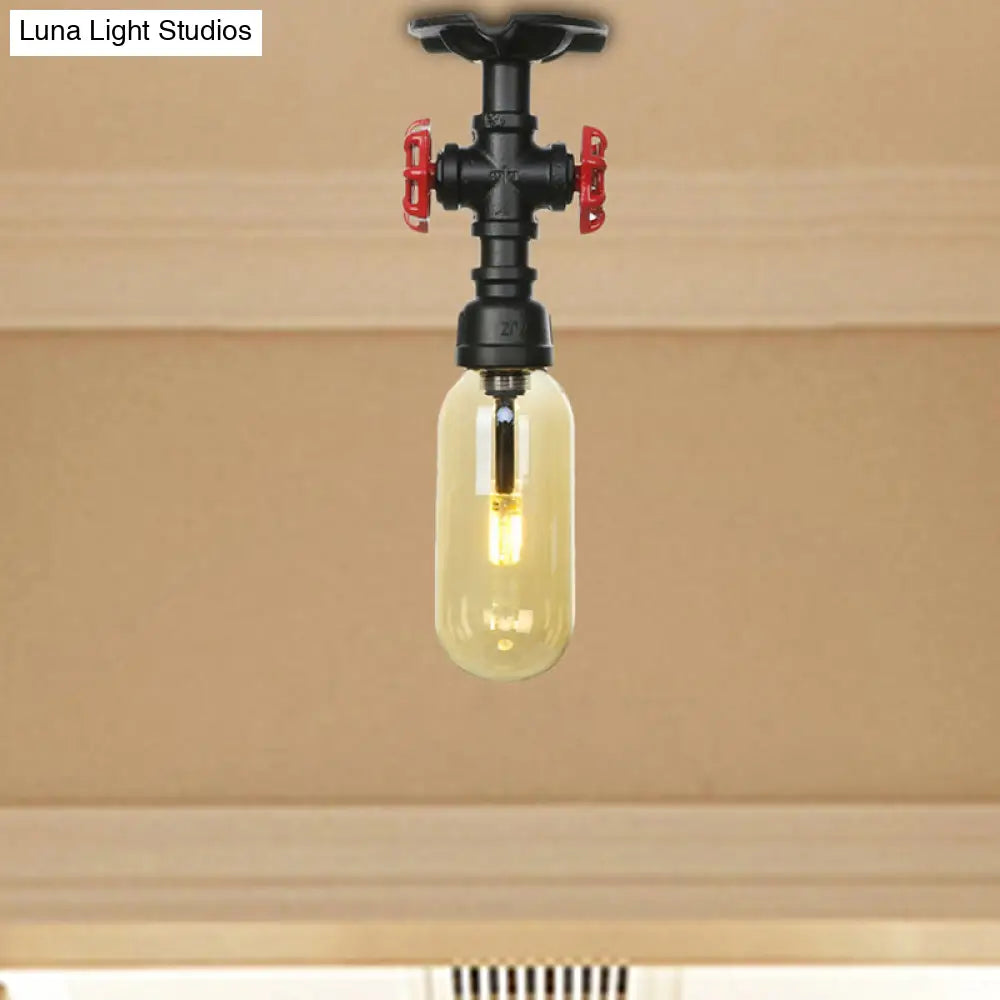 Industrial Black Amber Glass Semi Flush Light With Capsuled Shade & Pipe Design - Ceiling Mount