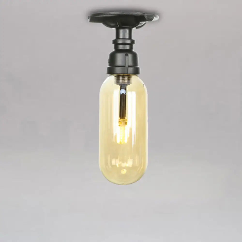 Industrial Black Amber Glass Semi Flush Light With Capsuled Shade & Pipe Design - Ceiling Mount / A