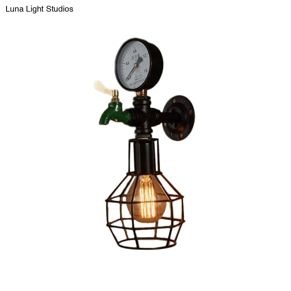 Industrial Black And Green Wall Mounted Lamp With Gauge Cage - 1-Light Water-Tap Design