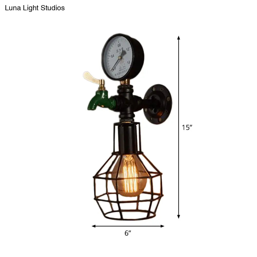 Industrial Black And Green Wall Mounted Lamp With Gauge Cage - 1-Light Water-Tap Design