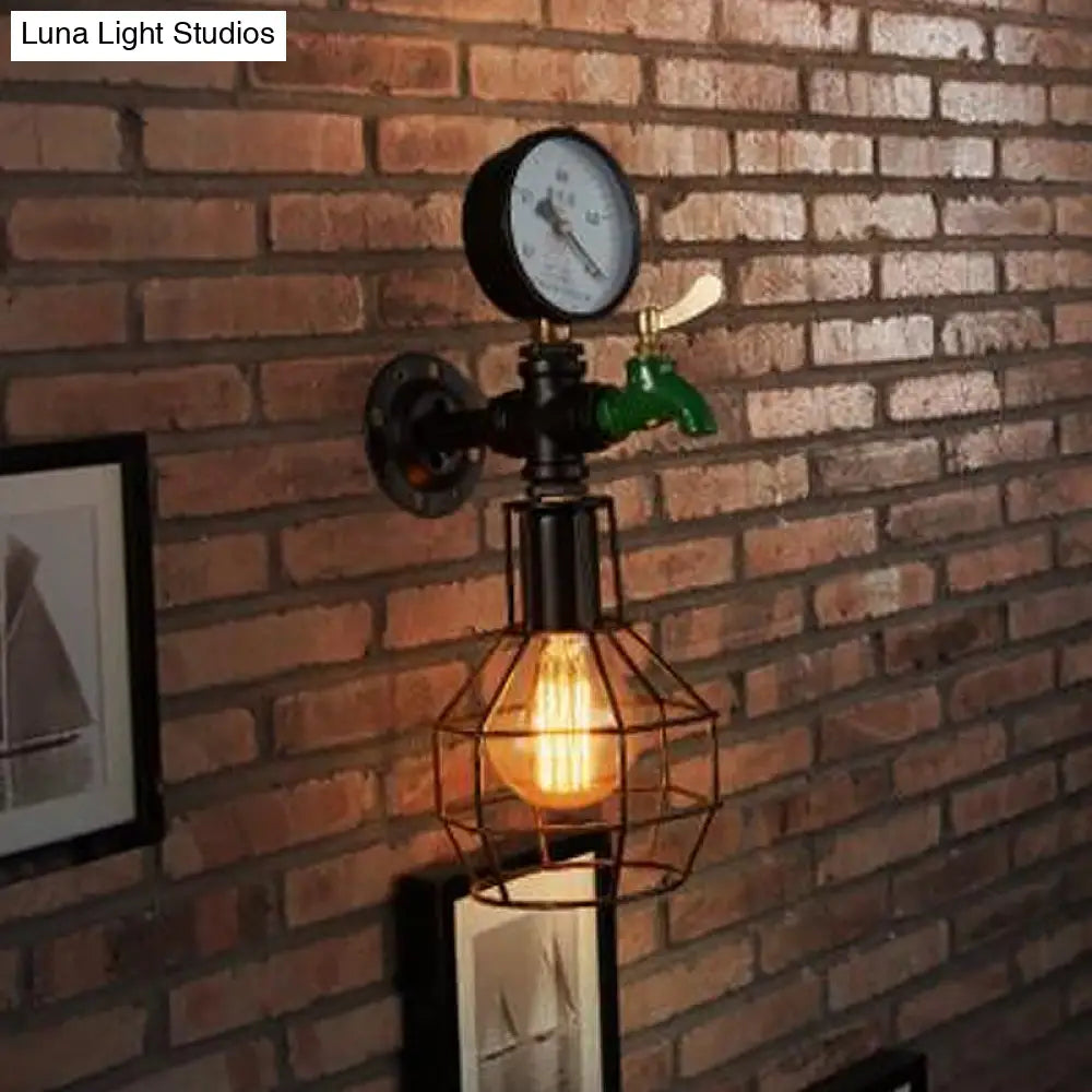 Industrial Black And Green Wall Mounted Lamp With Gauge Cage - 1-Light Water-Tap Design