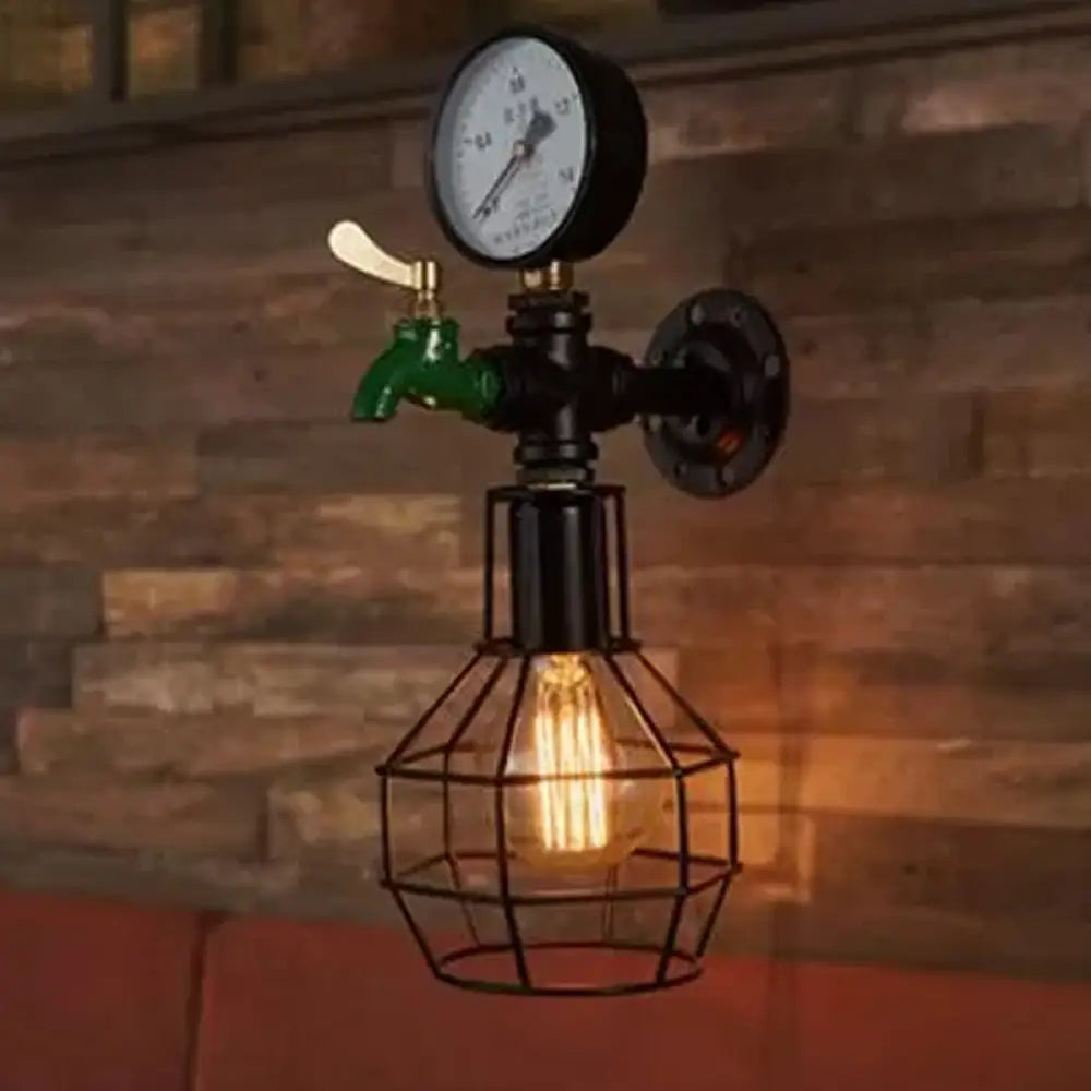 Industrial Black And Green Wall Mounted Lamp With Gauge Cage - 1-Light Water-Tap Design