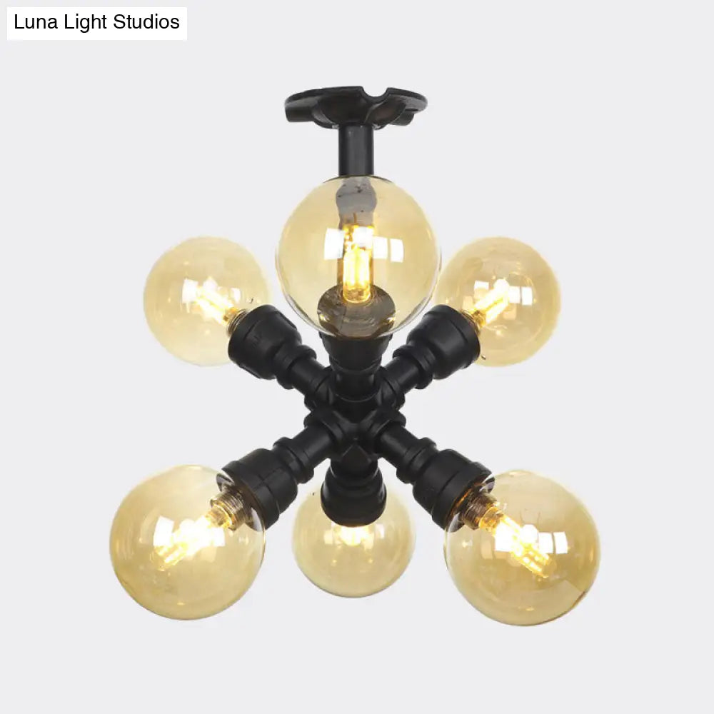 Industrial Black Ball Semi-Flush Ceiling Light - Amber Glass Led Flushmount (4/5/6-Light)