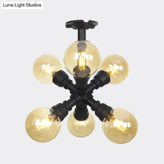 Industrial Black Ball Semi-Flush Ceiling Light - Amber Glass Led Flushmount (4/5/6-Light)