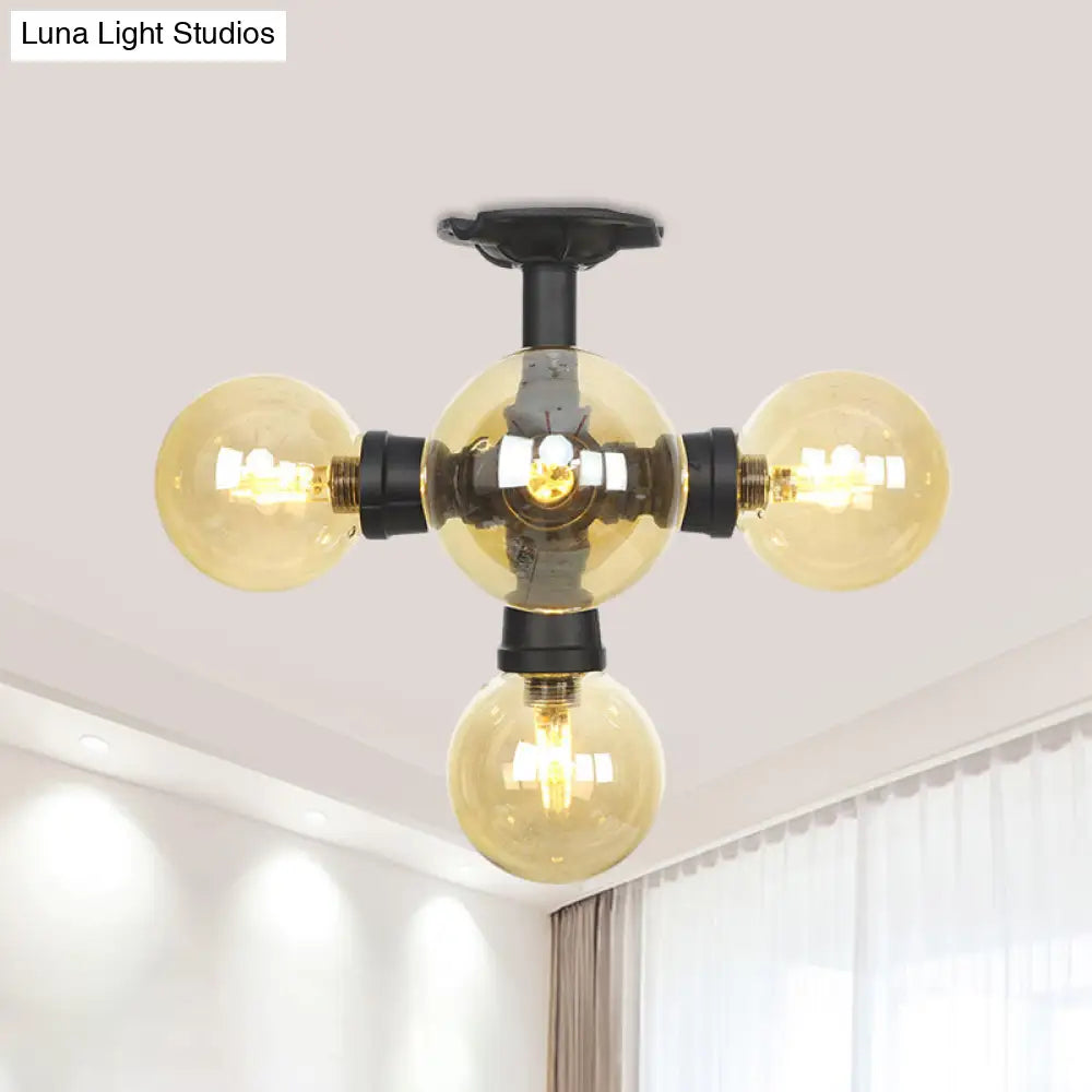 Industrial Black Ball Semi - Flush Ceiling Light - Amber Glass Led Flushmount (4/5/6 - Light)