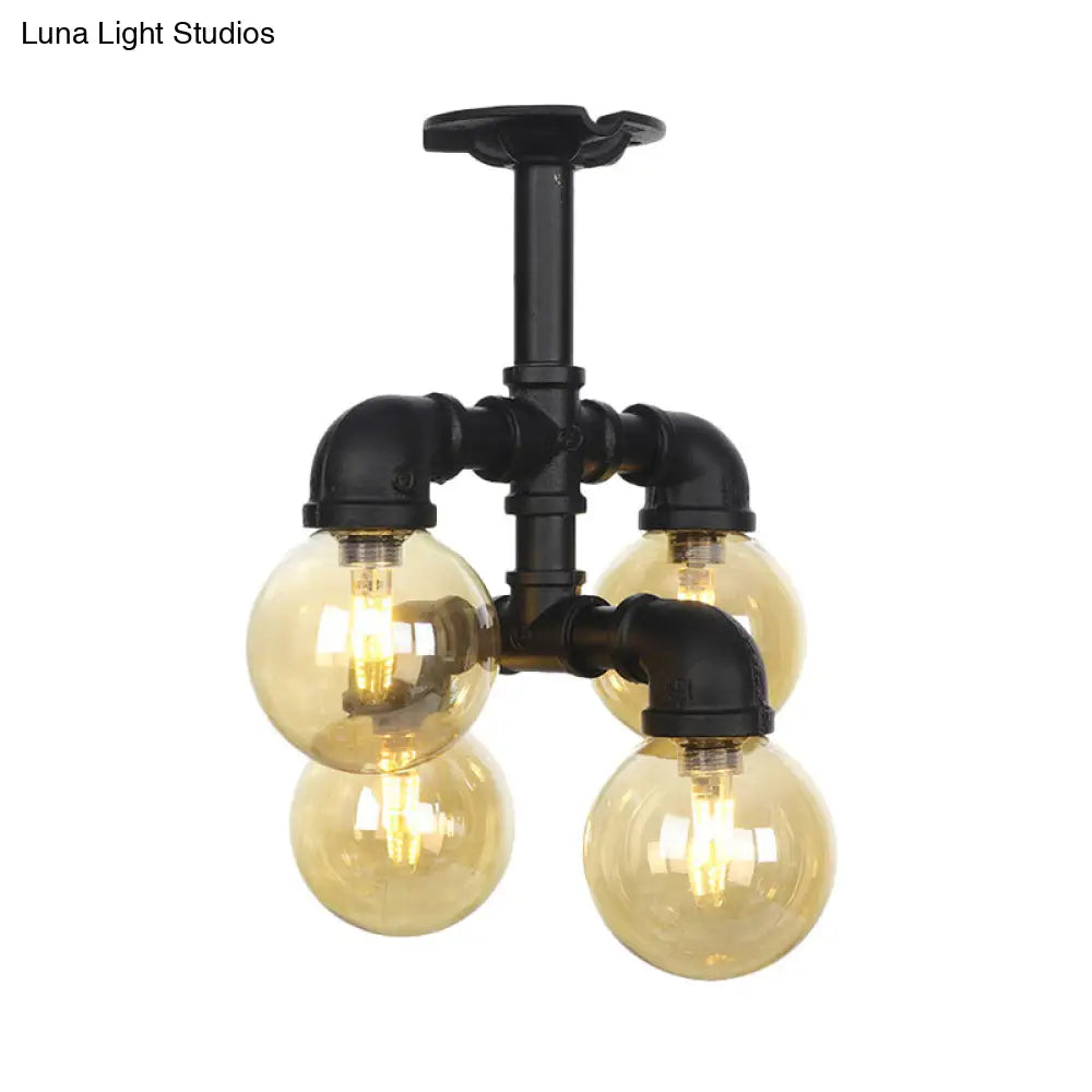 Industrial Black Ball Semi-Flush Ceiling Light - Amber Glass Led Flushmount (4/5/6-Light)