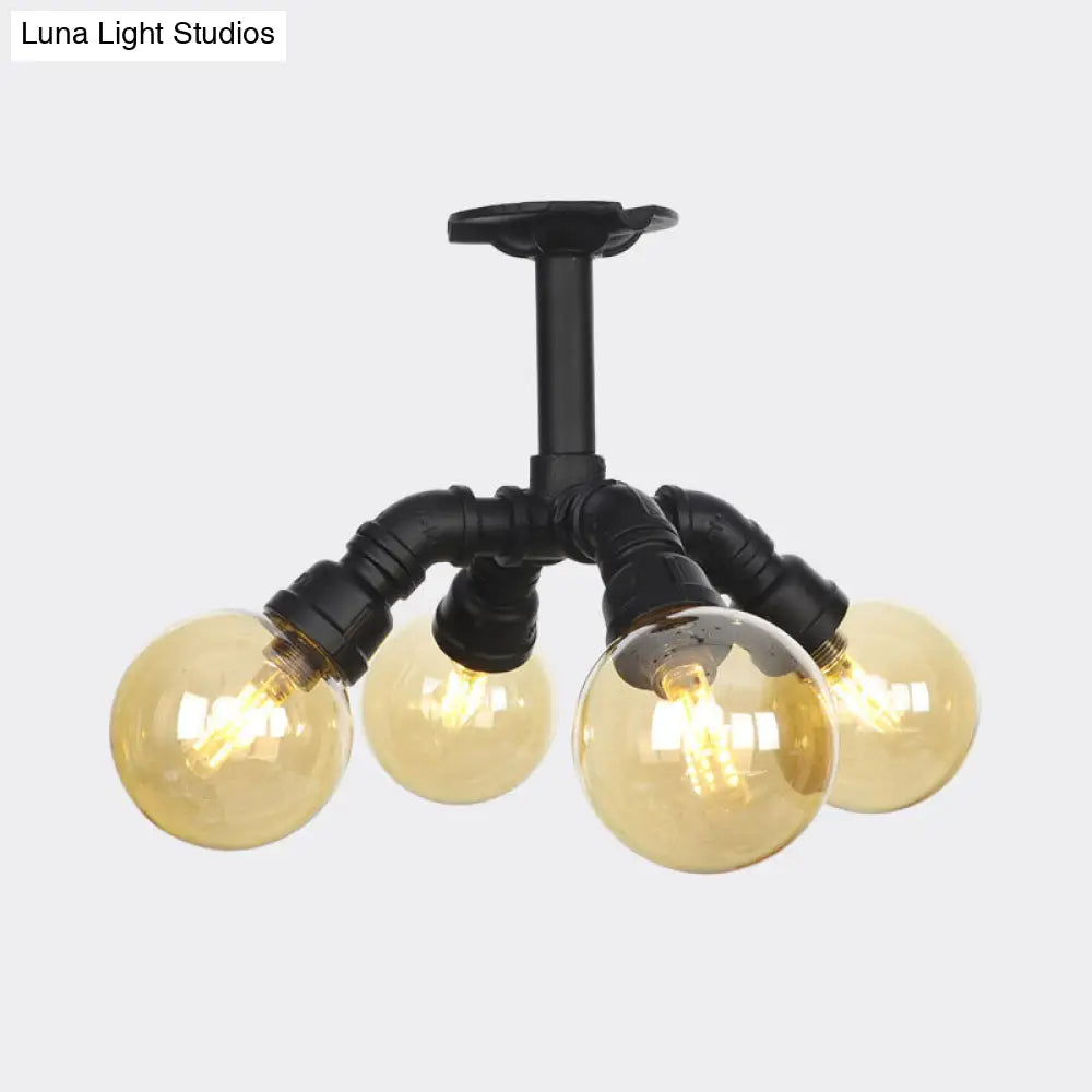 Industrial Black Ball Semi-Flush Ceiling Light - Amber Glass Led Flushmount (4/5/6-Light)