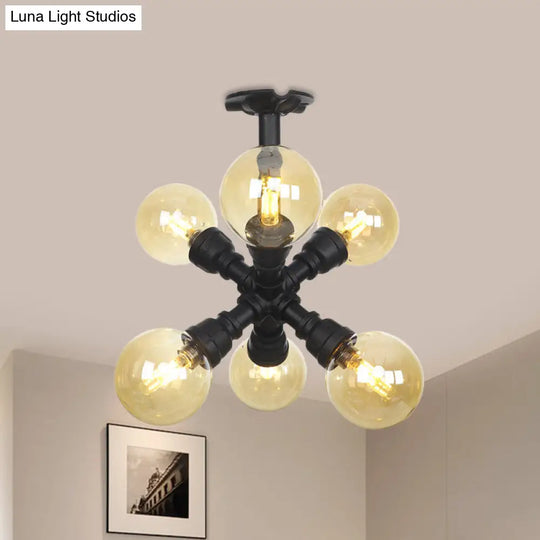 Industrial Black Ball Semi - Flush Ceiling Light - Amber Glass Led Flushmount (4/5/6 - Light)