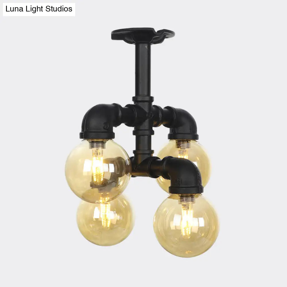 Industrial Black Ball Semi - Flush Ceiling Light - Amber Glass Led Flushmount (4/5/6 - Light)