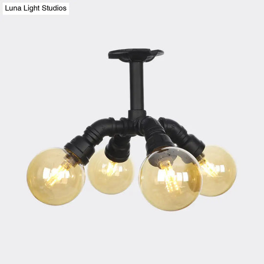 Industrial Black Ball Semi - Flush Ceiling Light - Amber Glass Led Flushmount (4/5/6 - Light)