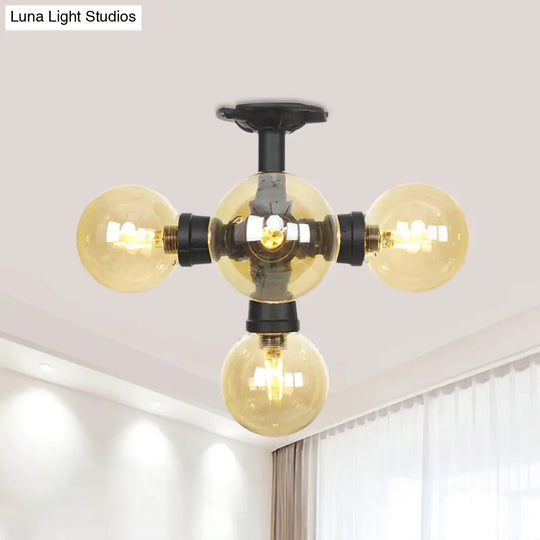 Industrial Black Ball Semi-Flush Ceiling Light - Amber Glass Led Flushmount (4/5/6-Light)