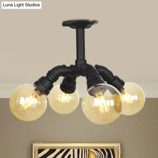 Industrial Black Ball Semi-Flush Ceiling Light - Amber Glass Led Flushmount (4/5/6-Light) / B