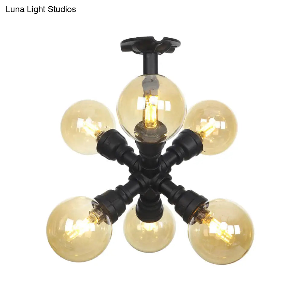 Industrial Black Ball Semi-Flush Ceiling Light - Amber Glass Led Flushmount (4/5/6-Light)