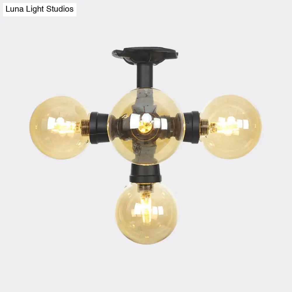 Industrial Black Ball Semi-Flush Ceiling Light - Amber Glass Led Flushmount (4/5/6-Light)